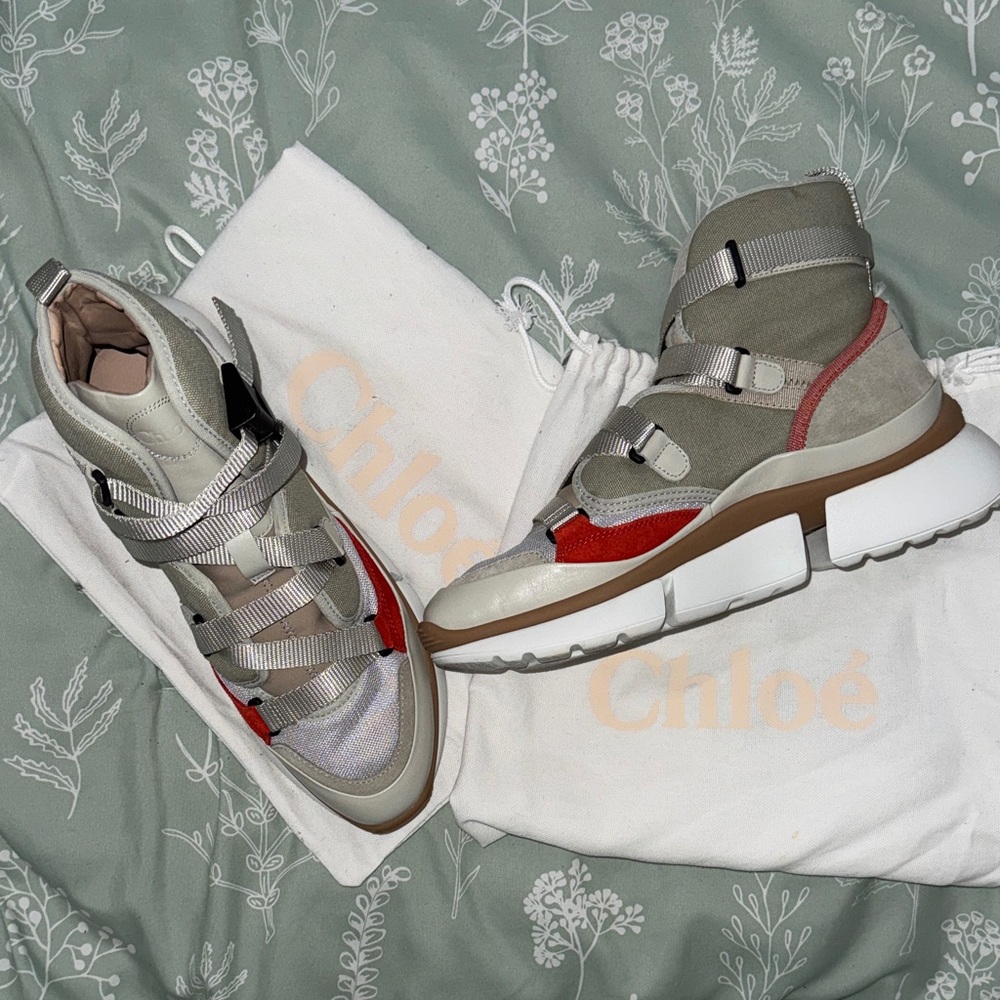 Chloé Sonnie Mixed-Material High-Top Sneakers in Gray, Red and Beige